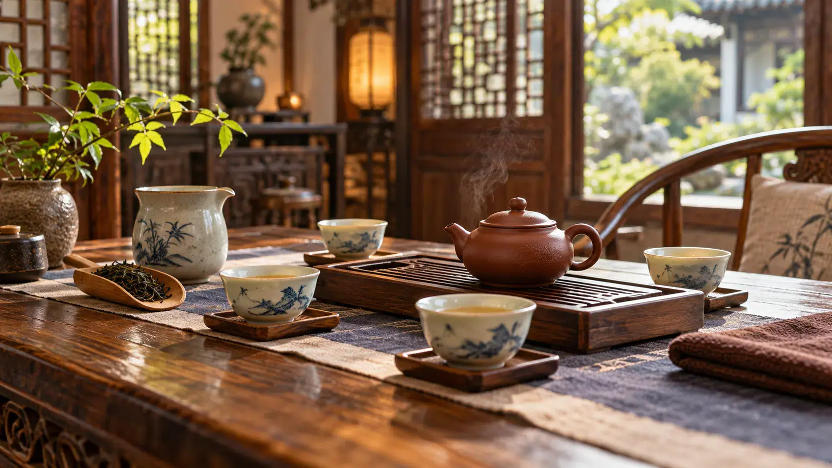 Tea house table prepared for sharing tea