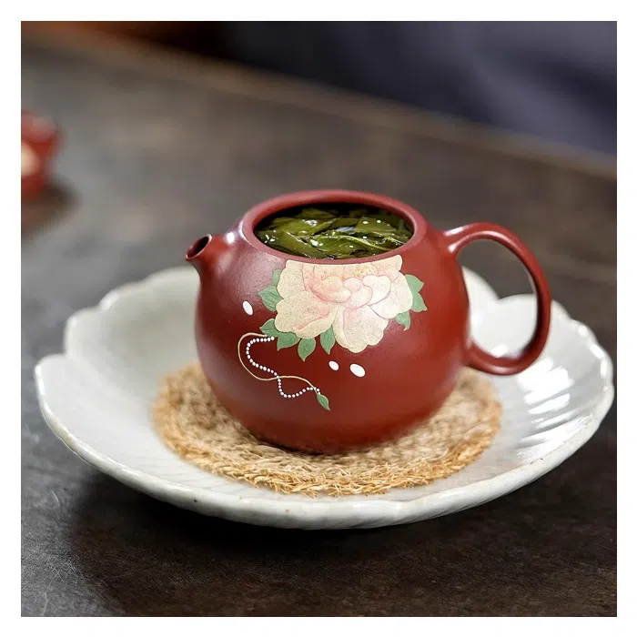 Pufferfish Xishi Yixing Teapot, Peony Art, Da Hong Pao Zhu Ni Clay 150ml — detail 2