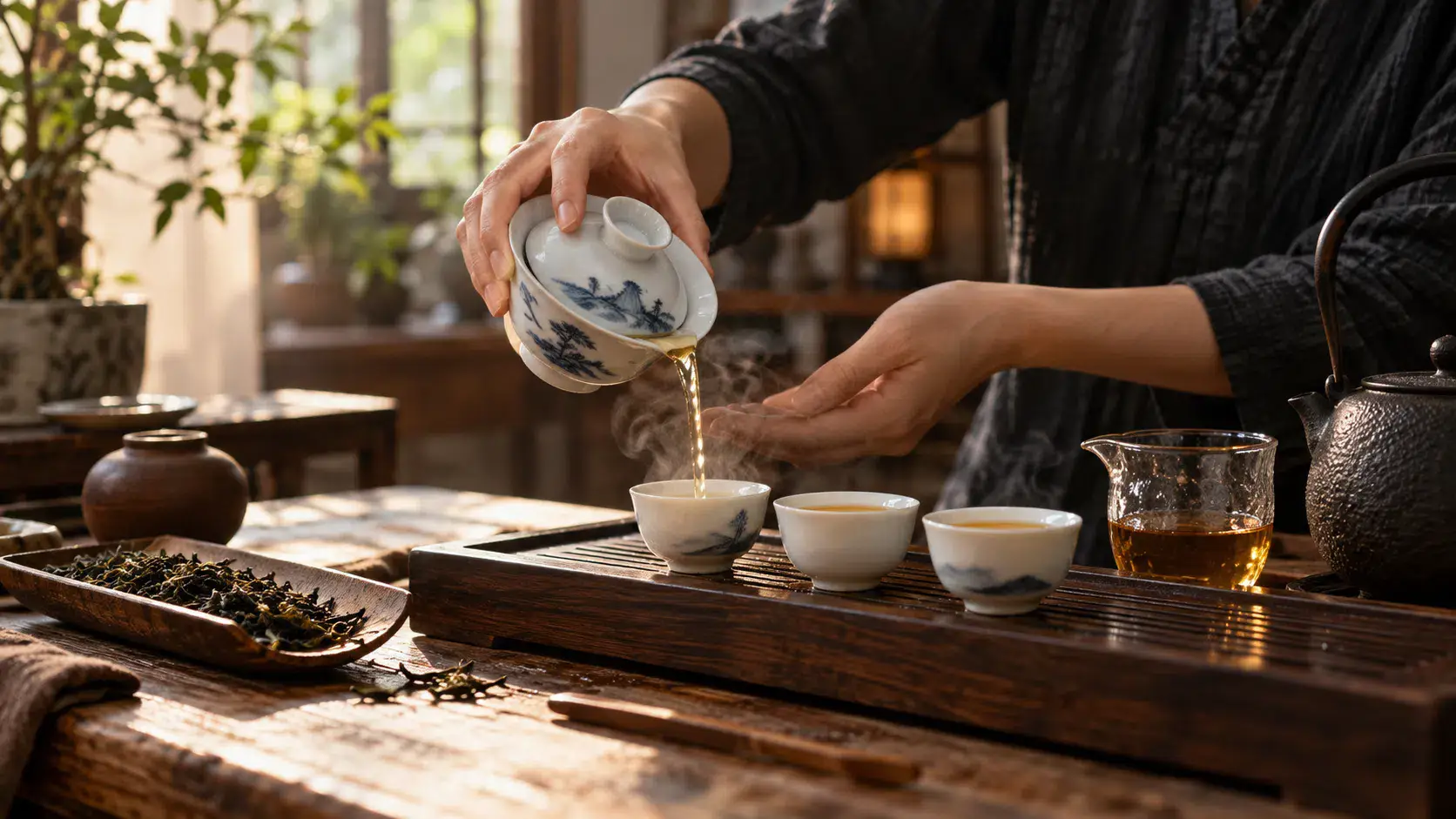 Pouring tea from a gaiwan into tasting cups