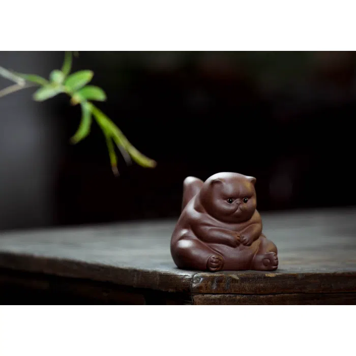 Thinking Cat Tea Pet, Yixing Purple Clay Cat Figurine — detail 2