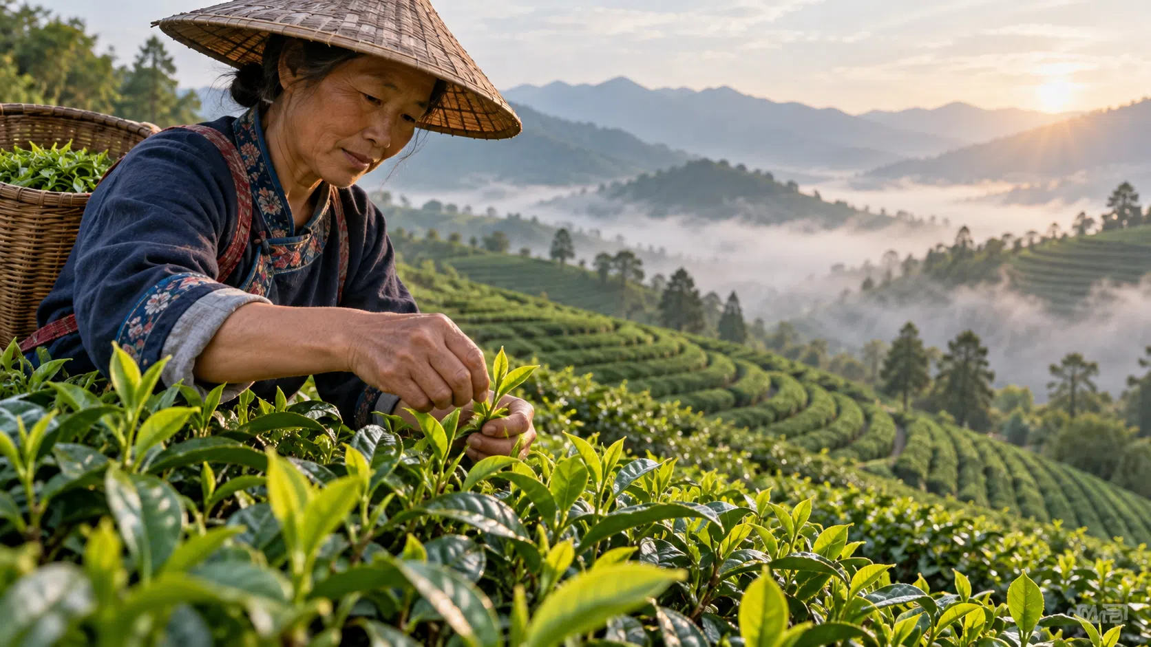 Tea leaves being picked in a hillside garden