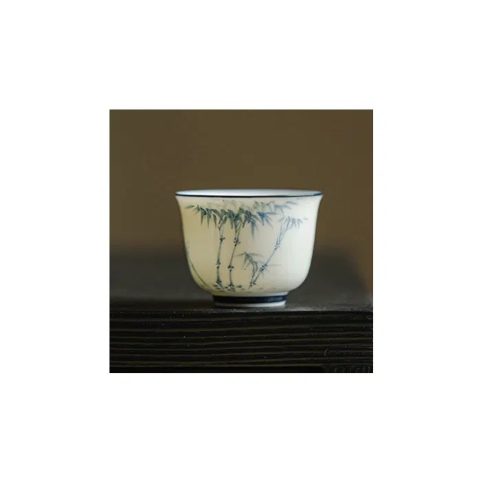 White Blue Gongfu Tea Cup, Hand-Painted Bamboo, Jade Porcelain 50ml — detail 3