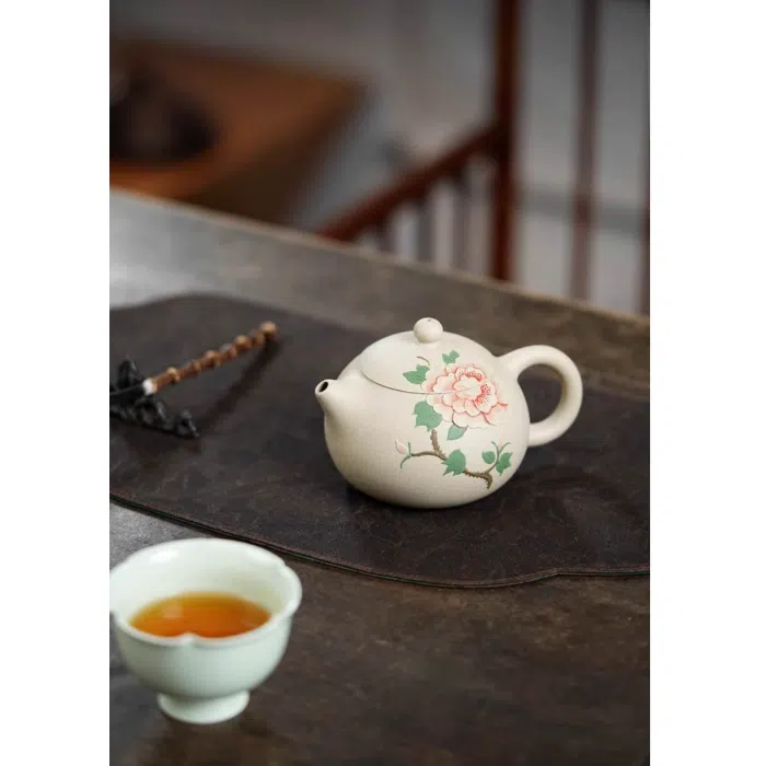 Peony Xishi Yixing Teapot & Tea Cup - White Jade Duanni Clay 250ml — detail 2