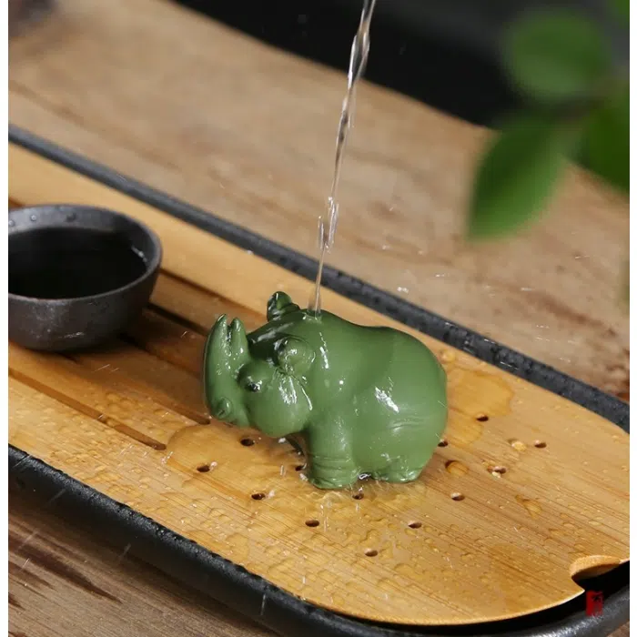Rhino Tea Pet, Handmade Green Zisha Clay Rhinoceros Tea Pet — detail 1